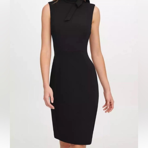 Calvin Klein Black Midi Pencil Dress Sleeveless With Bow Size 8 - Picture 2 of 12